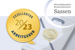 Kanzlei Sassen exzellenter Arbeitgeber 2023 gold Logo mit Zertifikat im Hintergrund